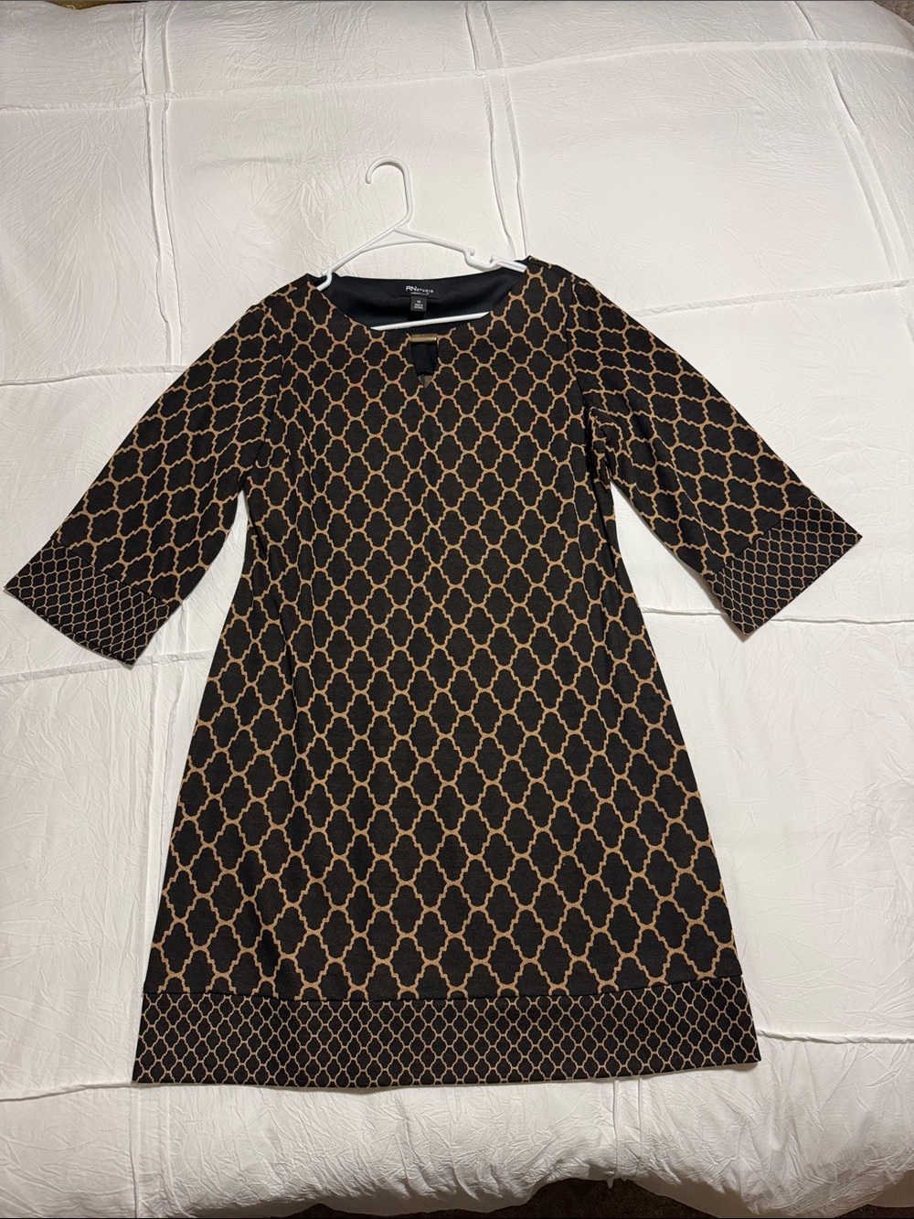 RN Studio by Ronni Nicole Black Tan Lattice Print 3/4 Sleeve Dress Sz14